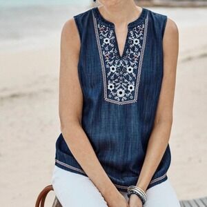J. Jill Denim Embroidered Indigo Sleeveless Top Blouse‎ 4X Womens Plus Size